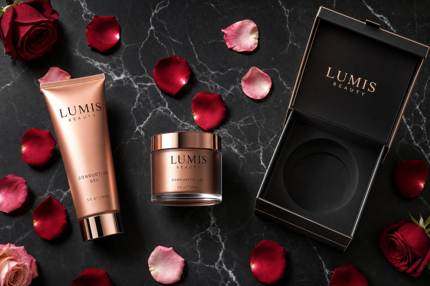 Lumis Conductive Gel accessory by Lumis Beauty shown in a flatlay image, with a clear container of clear, smooth gel.