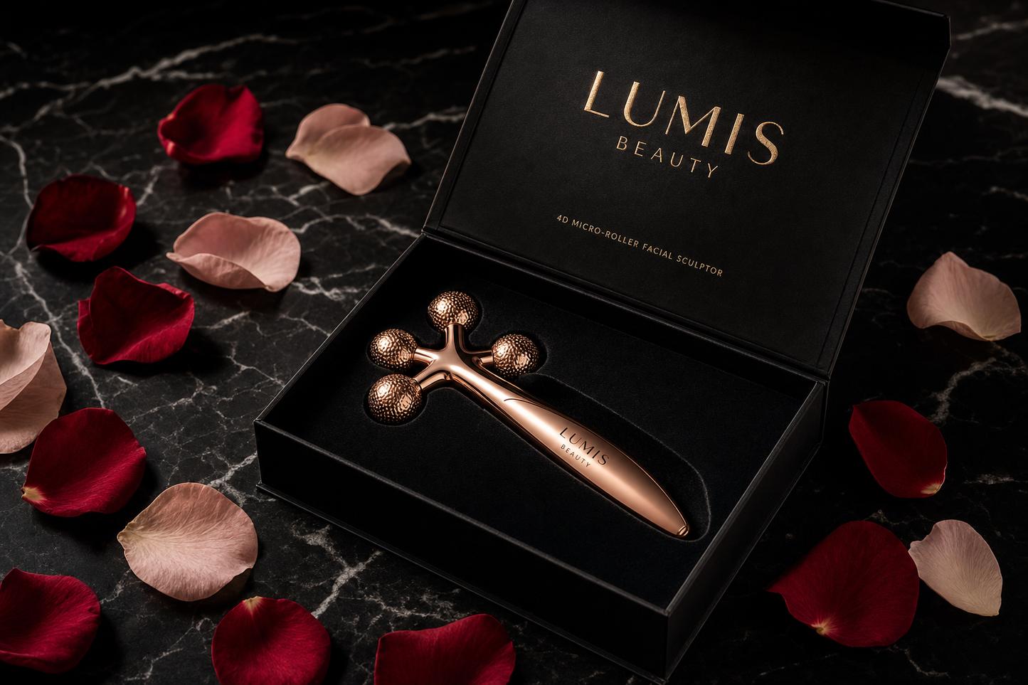 Lumis Glow Roller 4D microcurrent device in sleek packaging, designed for facial skin lifting and rejuvenation by Lumis Beauty.