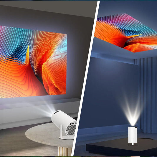 Lumis Beauty LED projector displaying bright images on a wall, compact design with adjustable focus and modern appearance.