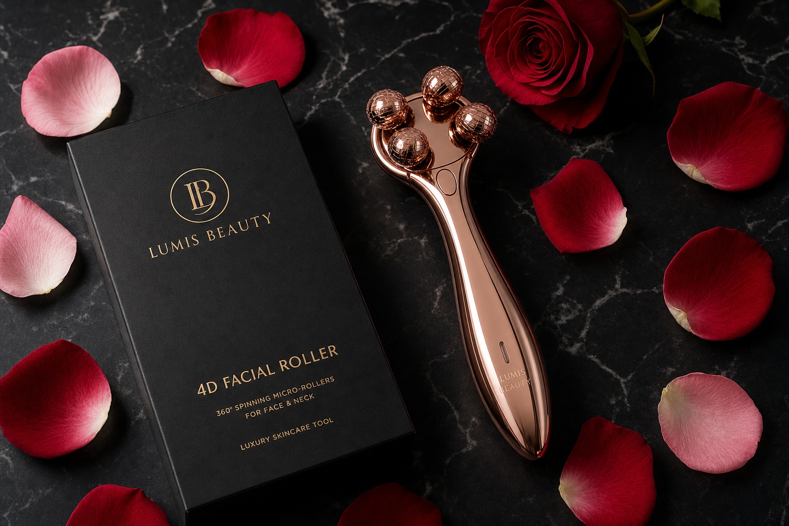 Lumis Glow Roller 4D microcurrent device by Lumis Beauty with sleek design, used for facial skin tightening and rejuvenation.