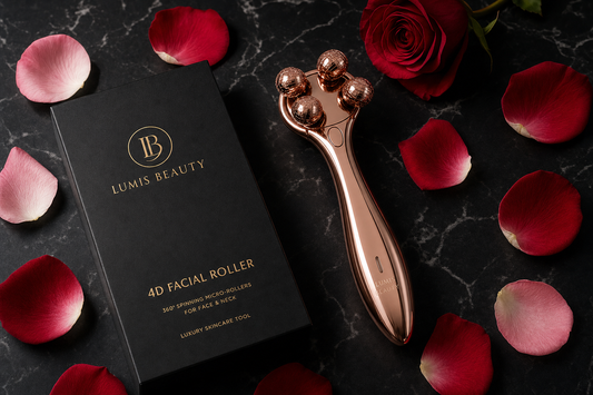 Lumis Glow Roller 4D microcurrent device by Lumis Beauty with sleek design, used for facial skin tightening and rejuvenation.
