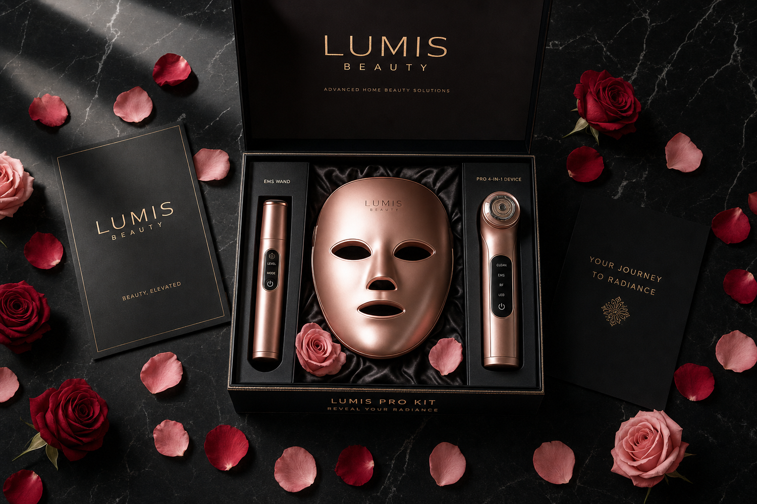 Lumis Beauty Lumis Pro Kit bundle with skincare products and tools arranged on a clean surface, ready for use.
