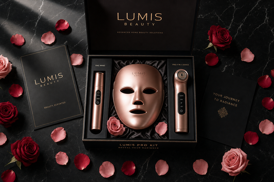 Lumis Beauty Lumis Pro Kit bundle with skincare products and tools arranged on a clean surface, ready for use.