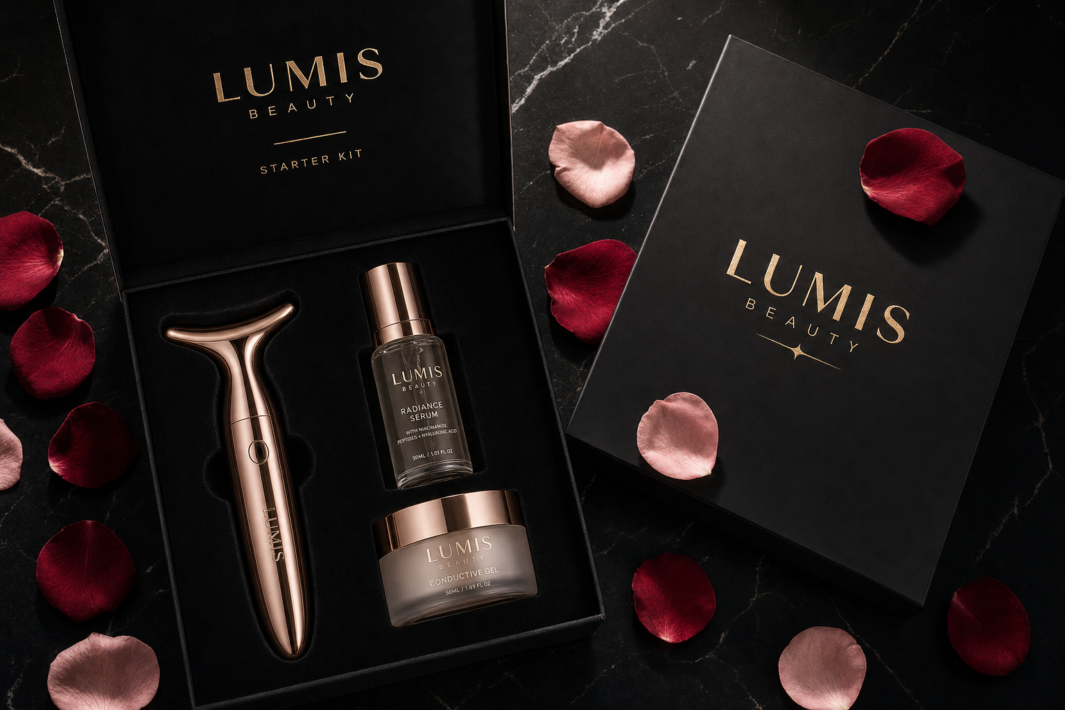 Lumis Beauty Starter Kit bundle with skincare products and tools displayed on a clean surface, ready for skincare routine.