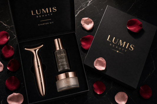 Lumis Beauty Starter Kit bundle with skincare products and tools displayed on a clean surface, ready for skincare routine.