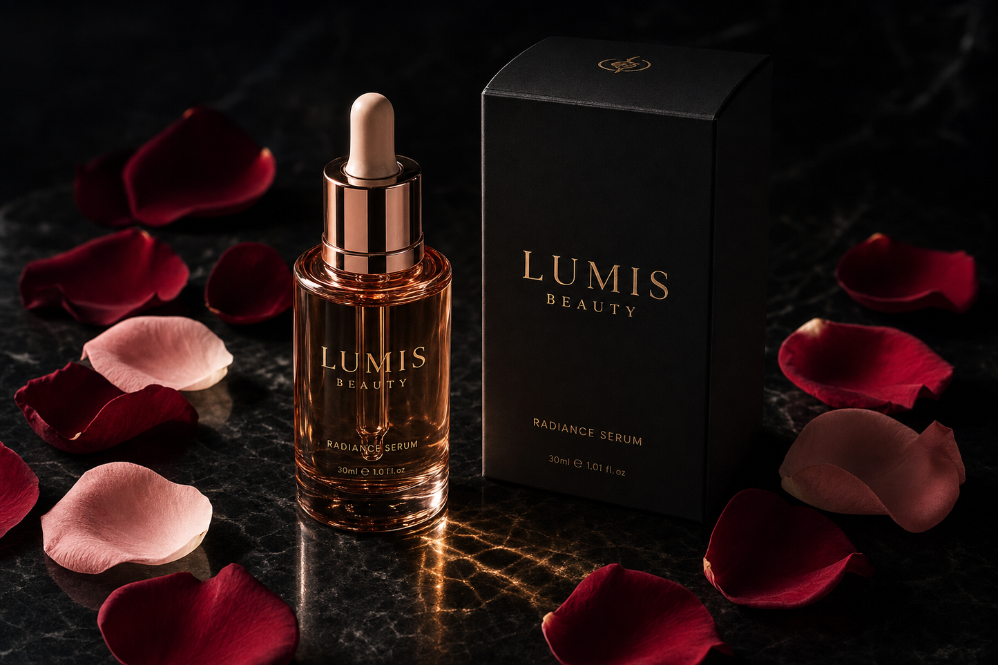 Lumis Radiance Serum bottle with dropper, clear glass packaging, and white label showing Lumis Beauty branding.