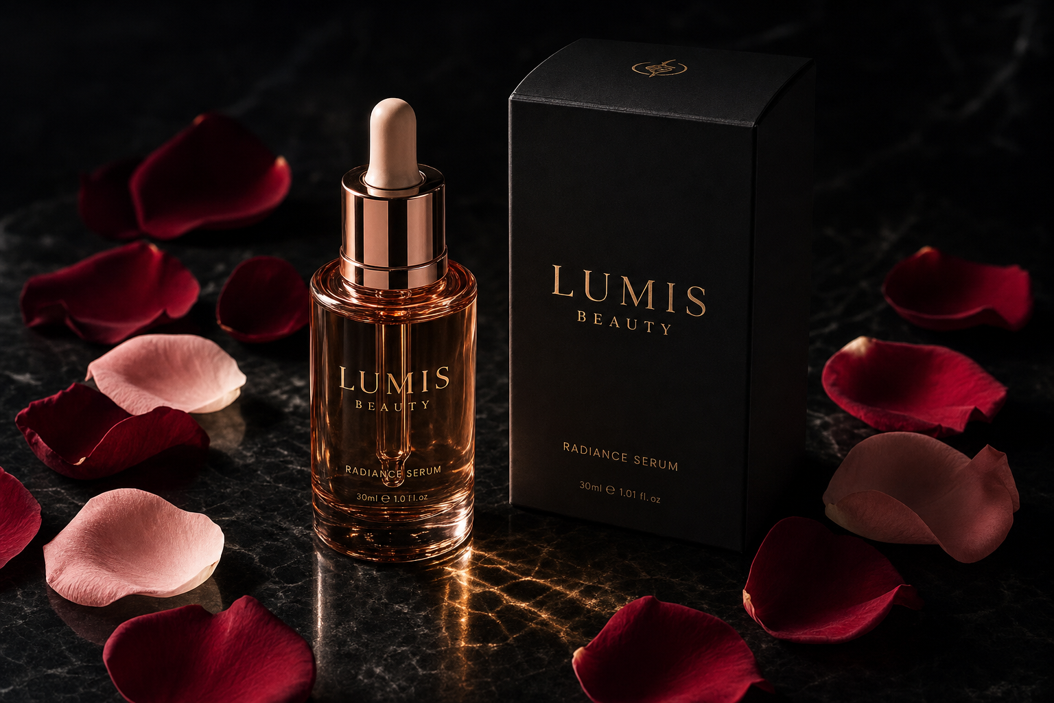 Lumis Radiance Serum bottle with dropper, clear glass packaging, and white label showing Lumis Beauty branding.