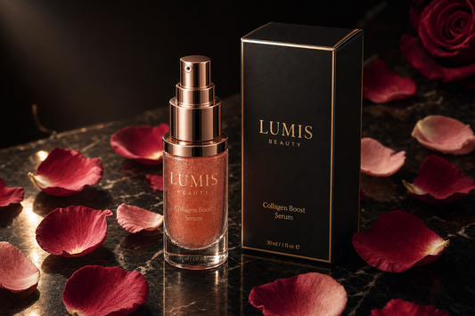 Lumis Collagen Boost Serum bottle from Lumis Beauty, featuring a sleek design and the product label visible.