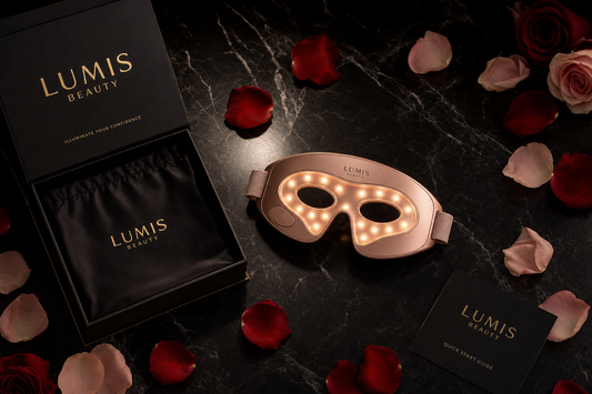 Lumis Beauty Lumis Eye Revive LED therapy mask with adjustable straps and illuminated eye area for skin rejuvenation.