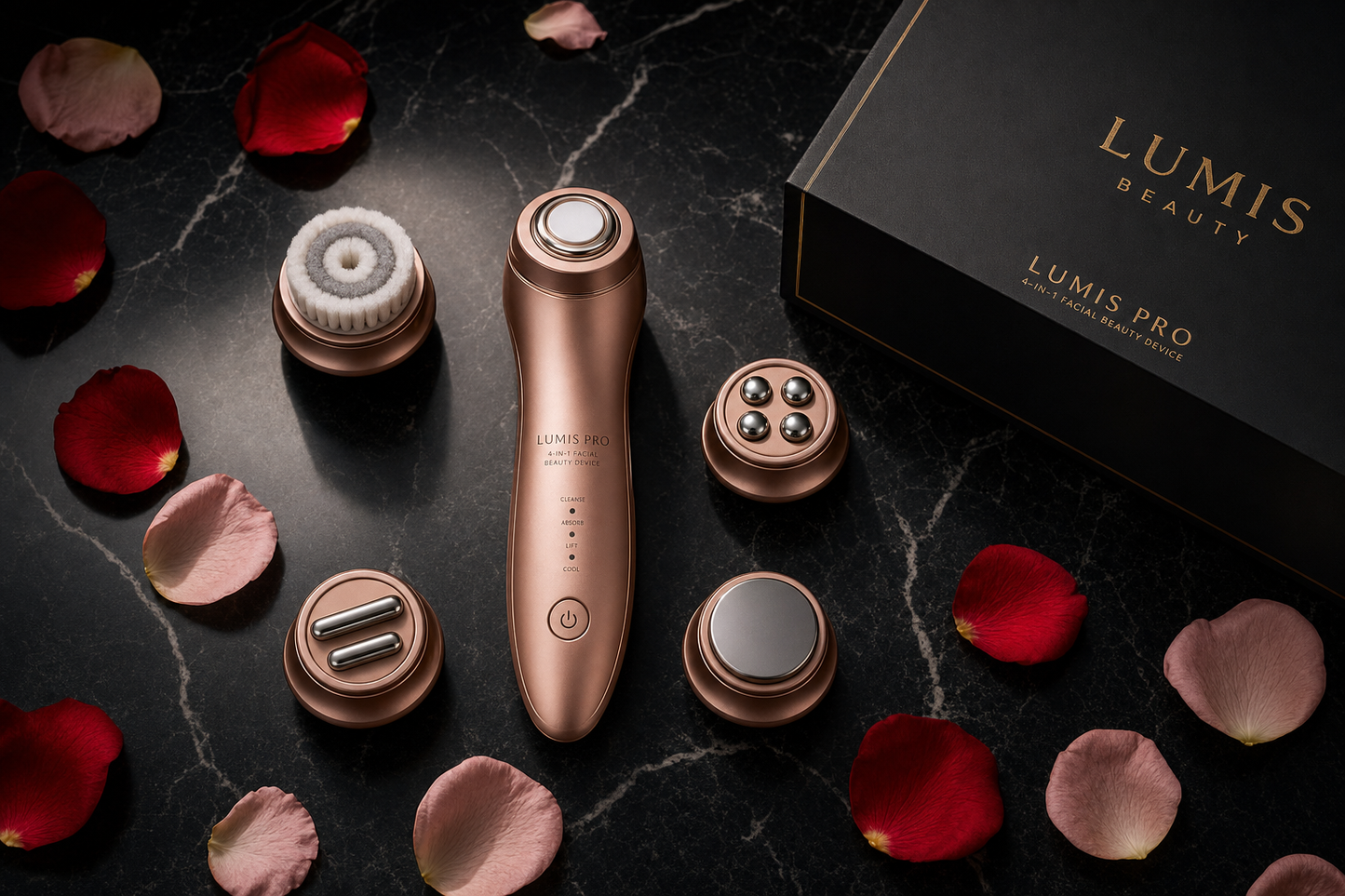 Lumis Pro 4-in-1 Microcurrent Device by Lumis Beauty with sleek black design and multiple treatment attachments.
