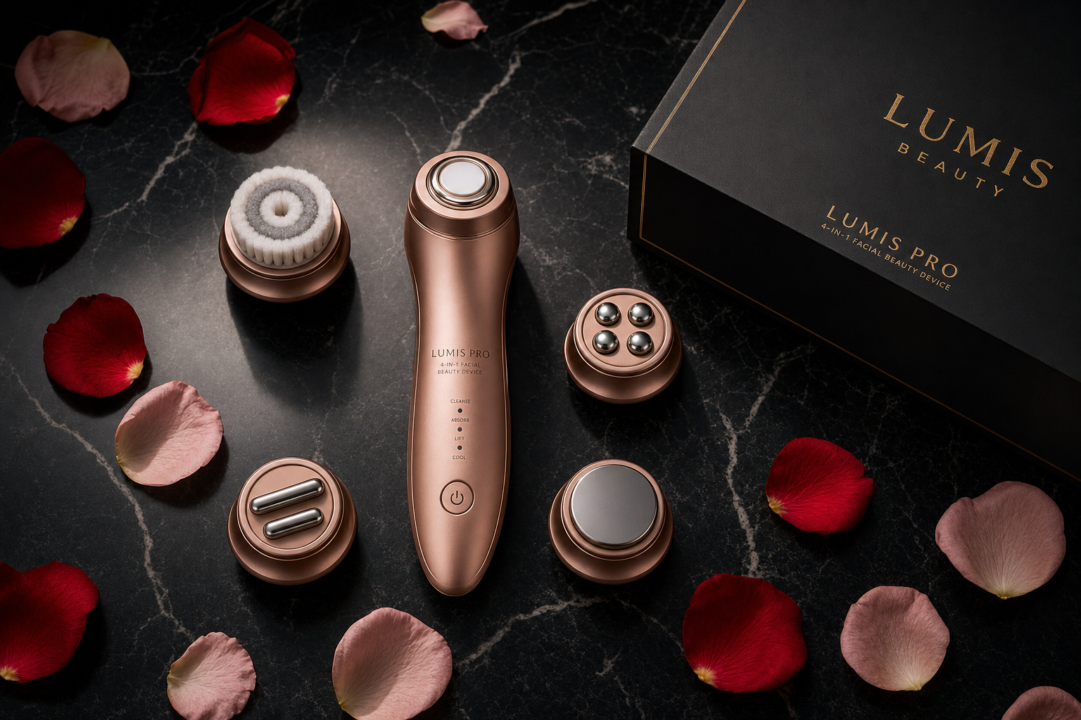 Lumis Pro 4-in-1 Microcurrent Device by Lumis Beauty with sleek black design and multiple treatment attachments.
