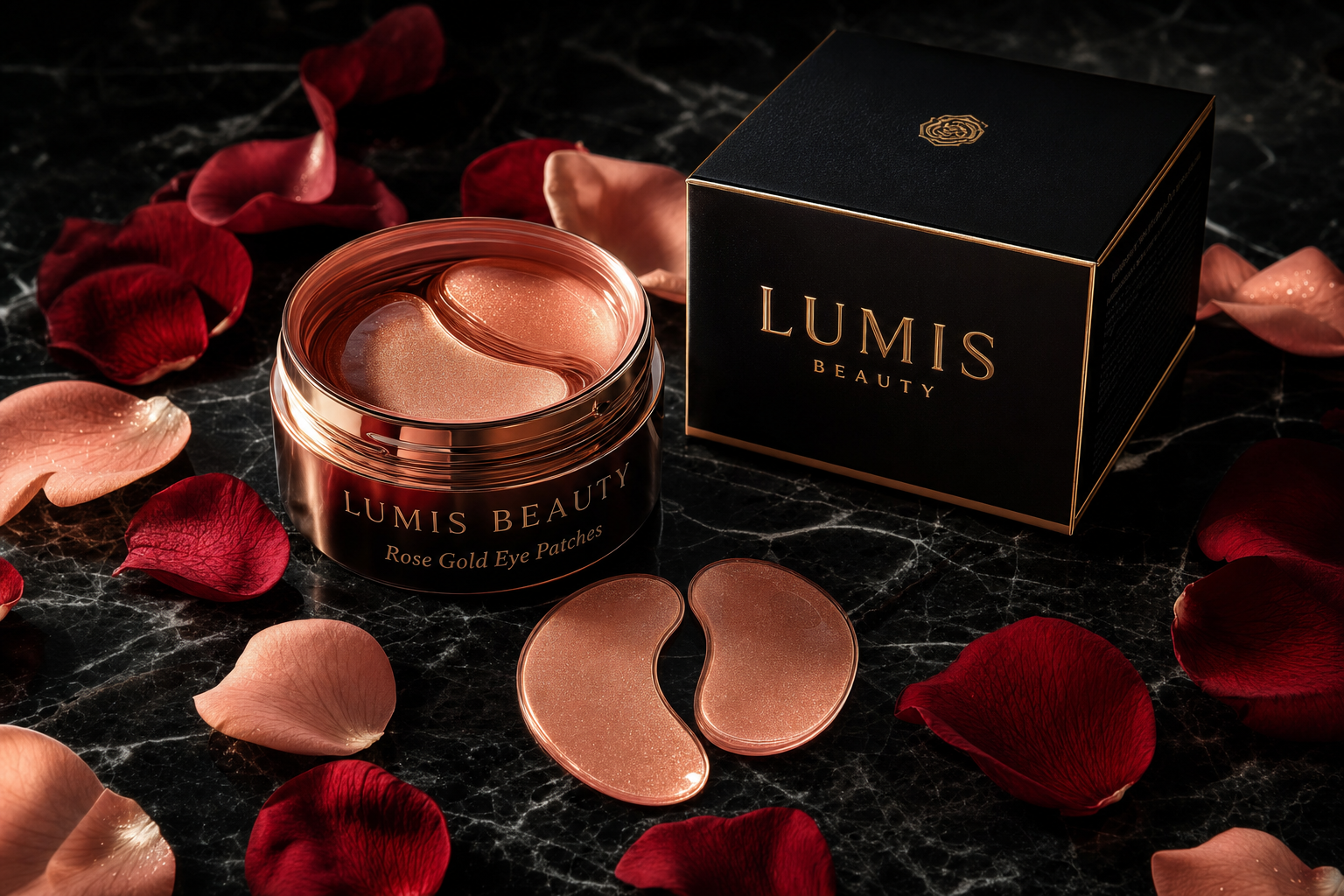 Lumis Beauty Rose Gold Eye Patches accessory, showing gold-colored eye mask with a sleek, luxurious design on a white background.