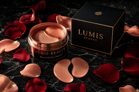 Lumis Beauty Rose Gold Eye Patches accessory, showing gold-colored eye mask with a sleek, luxurious design on a white background.