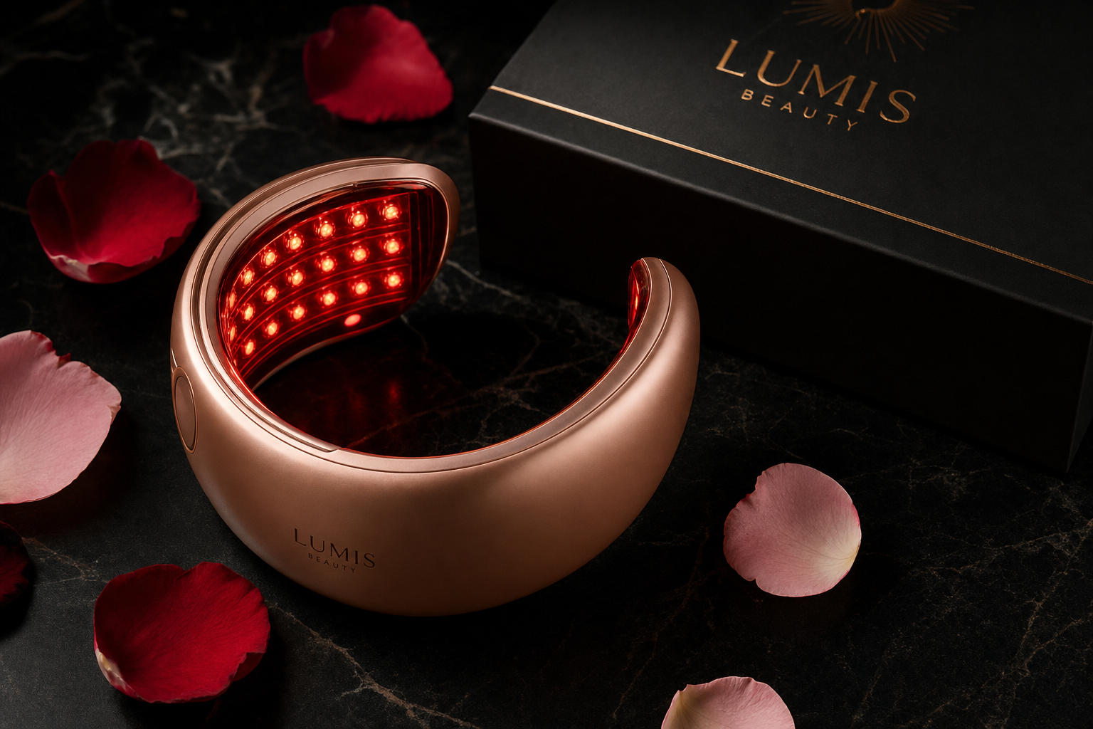 Lumis Beauty Lumis Neck Glow Band LED therapy mask shown from side angle, featuring adjustable strap and glowing light panels.