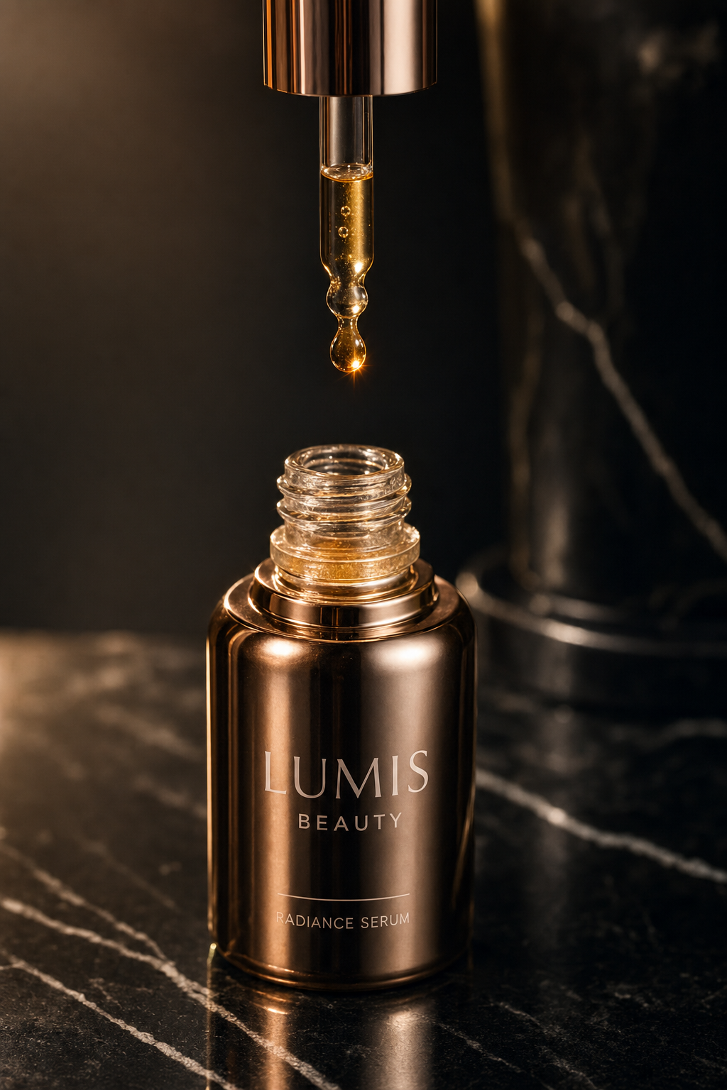 Lumis Radiance Serum dropper bottle showing clear serum and white dropper for skincare application.