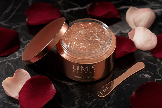 Open container of Lumis Conductive Gel, a skincare accessory by Lumis Beauty, with clear gel visible inside.