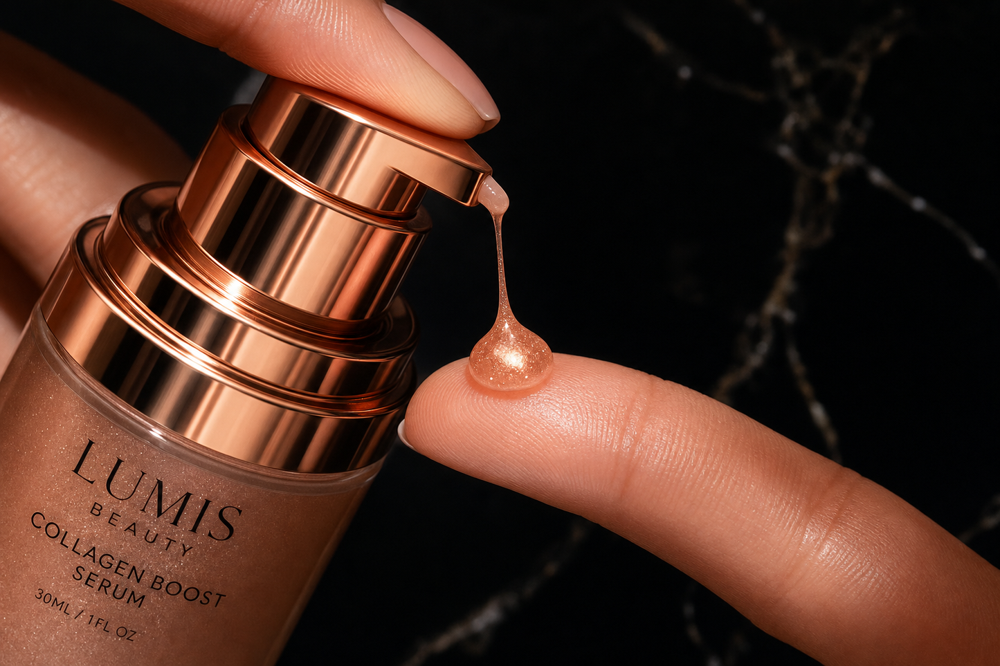 Lumis Collagen Boost Serum pump bottle from Lumis Beauty with a clear pump dispenser and sleek design.
