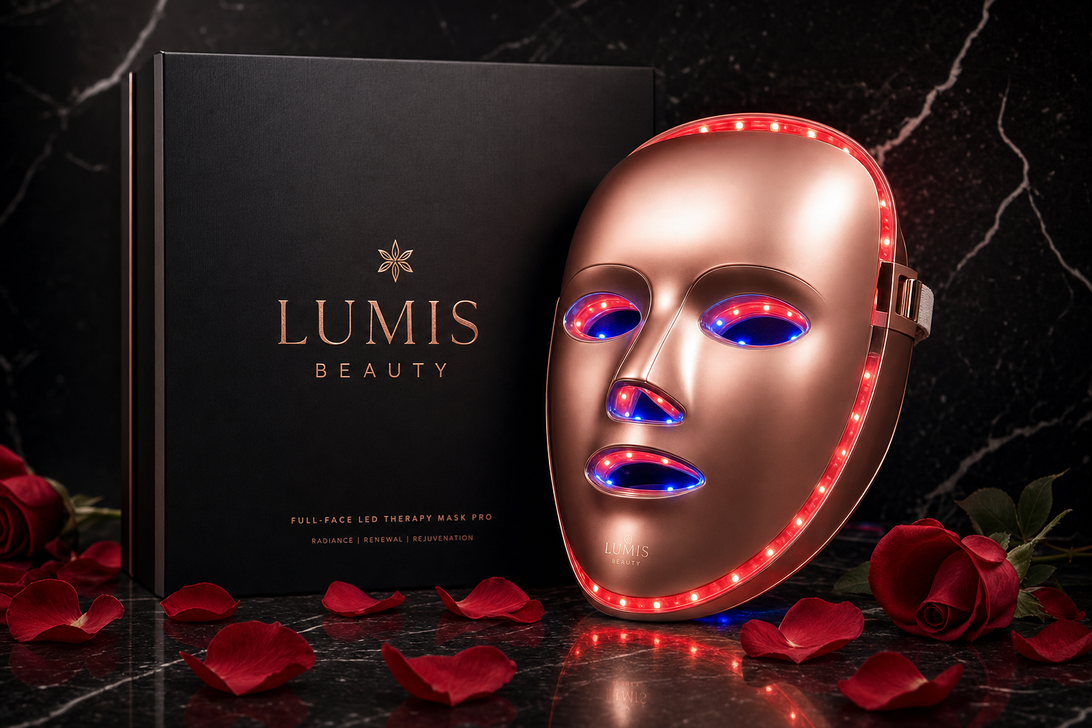 Lumis Glow Pro LED Therapy Mask from Lumis Beauty shown in an upright position, featuring multiple LED panels for facial skin treatment.