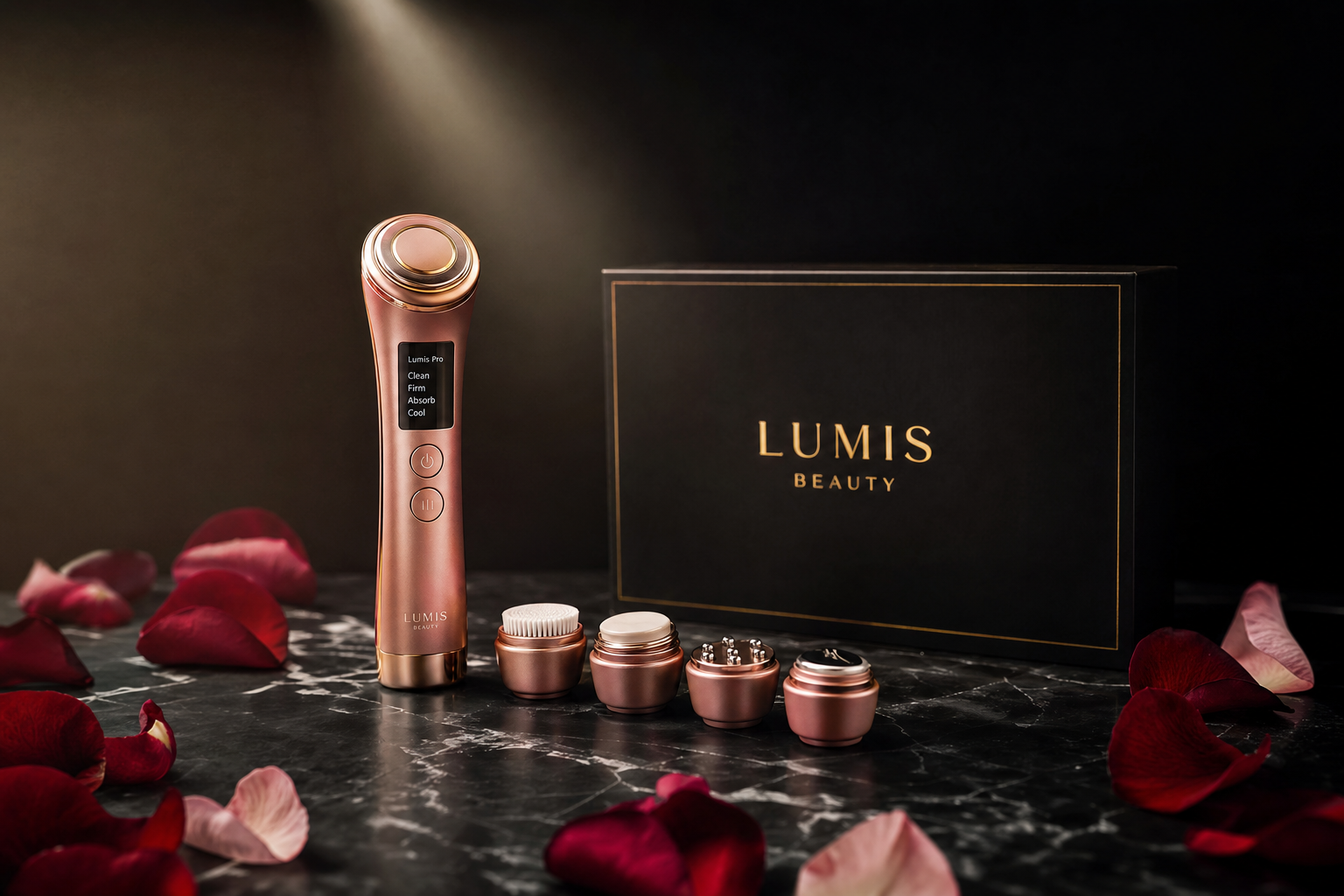 Lumis Pro 4-in-1 Microcurrent Device by Lumis Beauty shown upright with control panel and sleek design.