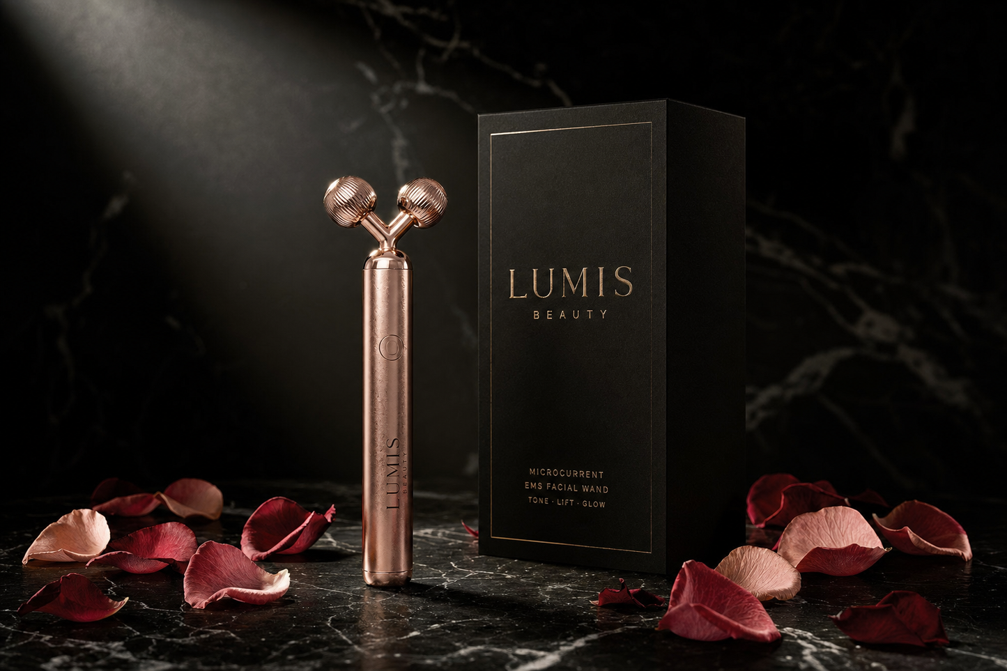Lumis Lift EMS Wand microcurrent device for facial lifting, shown upright with sleek design and control buttons.