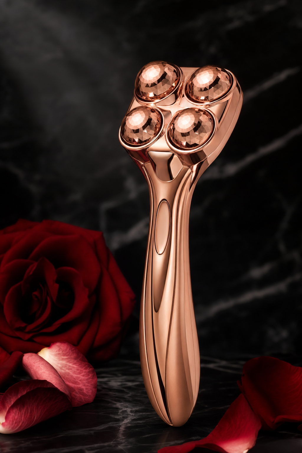 Lumis Glow Roller 4D microcurrent device from Lumis Beauty shown upright with its sleek design and textured roller head.