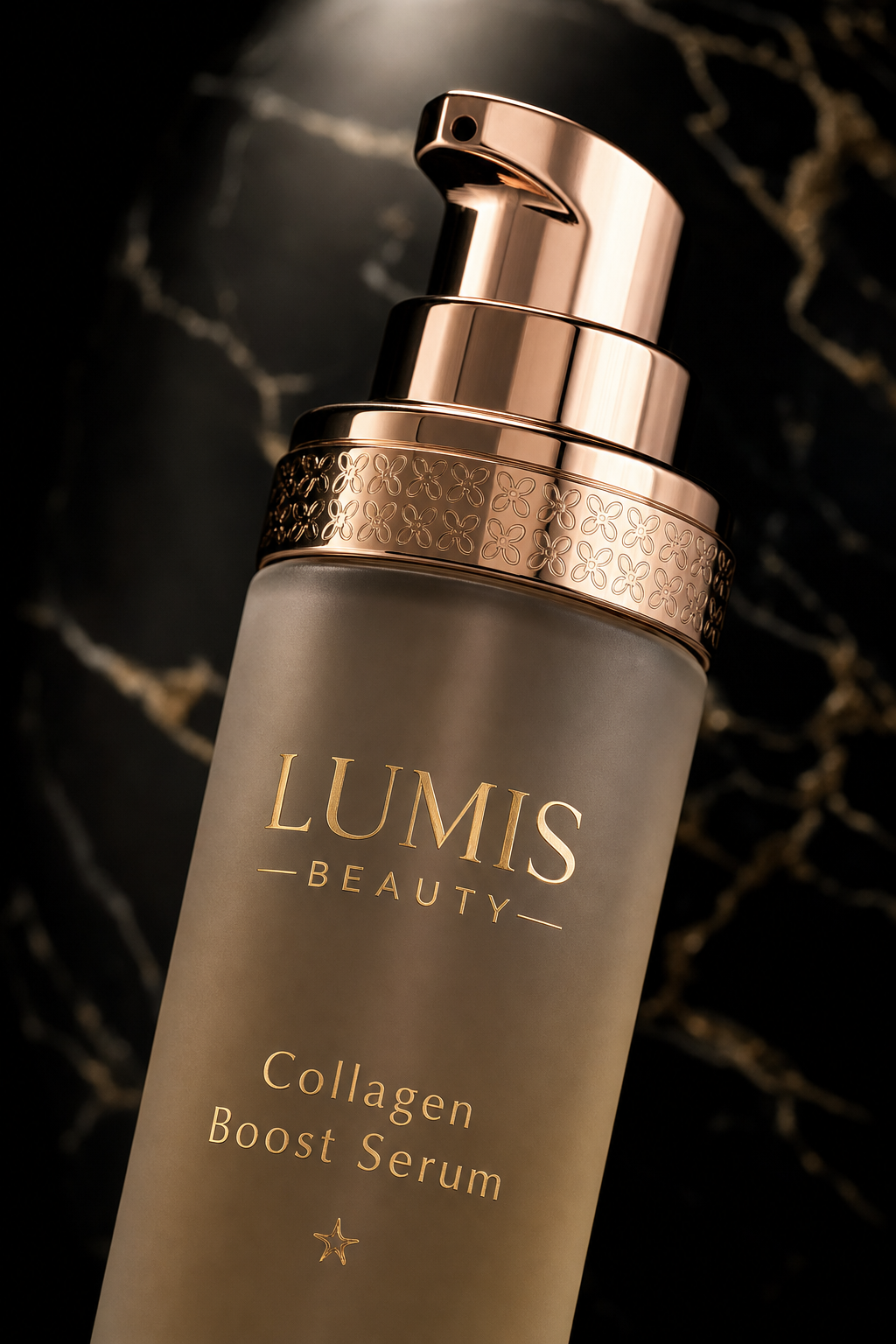 Closeup of Lumis Beauty Collagen Boost Serum bottle showing the sleek design and label of the skincare serum.