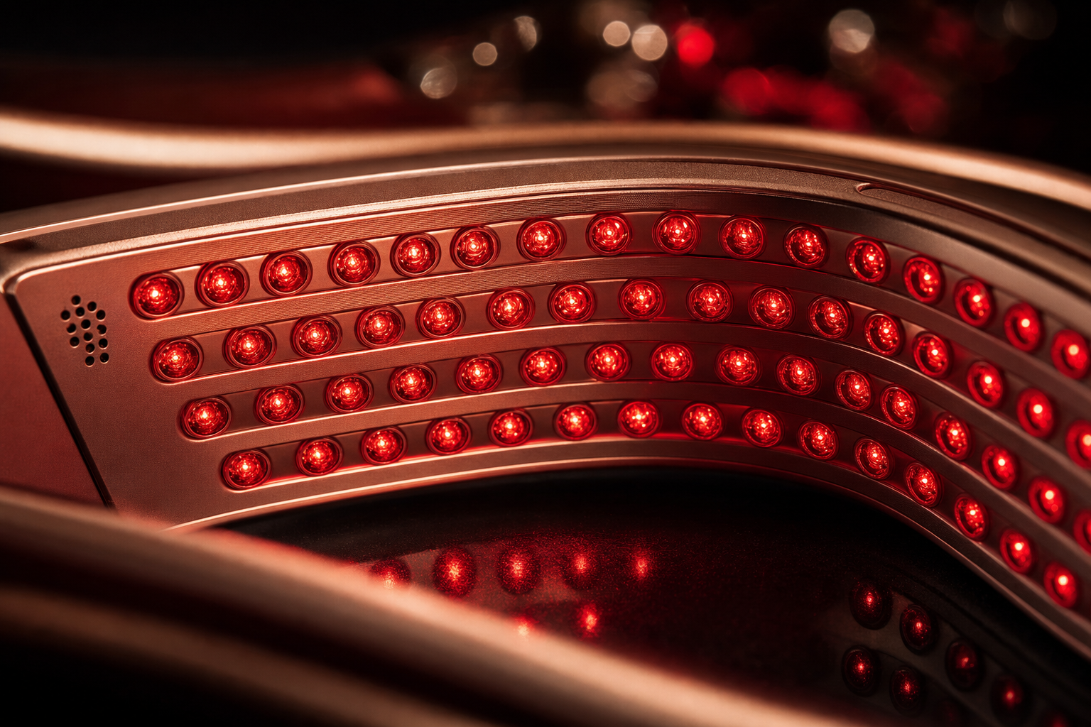 Close-up of Lumis Beauty Lumis Neck Glow Band LED therapy mask showing its sleek design and glowing light features.