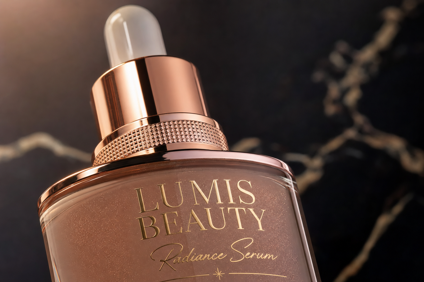 Closeup of Lumis Beauty Radiance Serum bottle with clear glass and silver cap, highlighting the sleek design and product label.