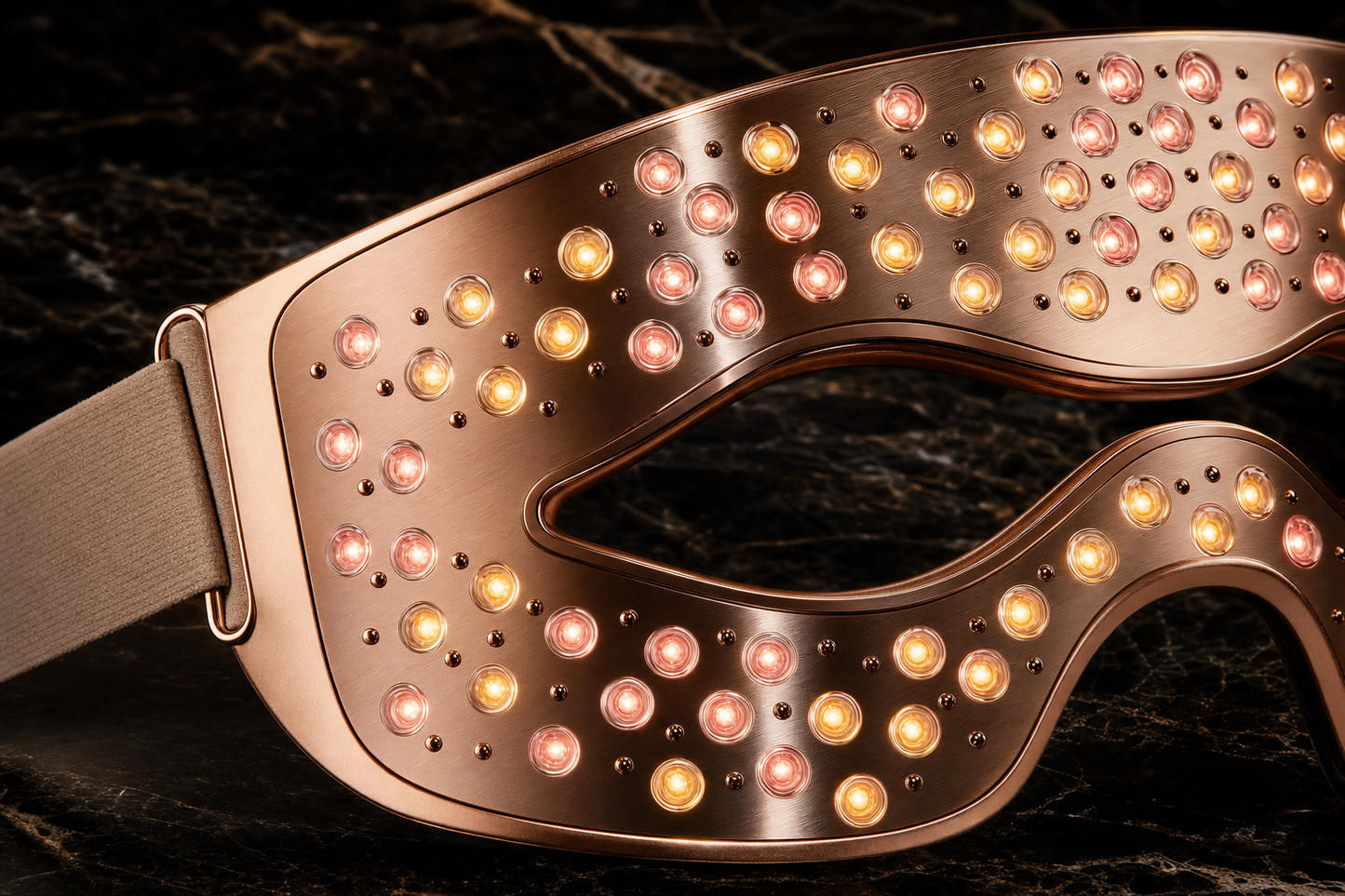Close-up of Lumis Beauty Lumis Eye Revive LED Therapy Mask showing the eye area with blue and red light panels for skin rejuvenation.