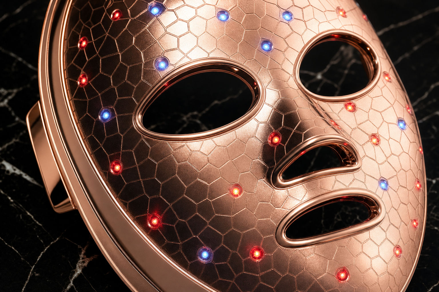 Close-up of Lumis Glow Pro LED Therapy Mask by Lumis Beauty showing its sleek design with multiple LED light panels.