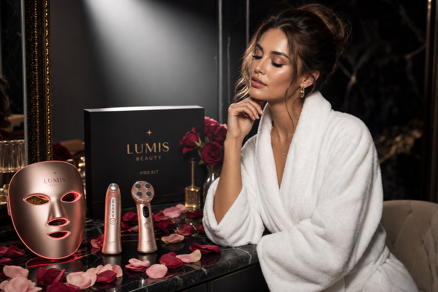 Lumis Beauty Lumis Pro Kit bundle with skincare products and tools arranged on a vanity table for daily skincare routine.