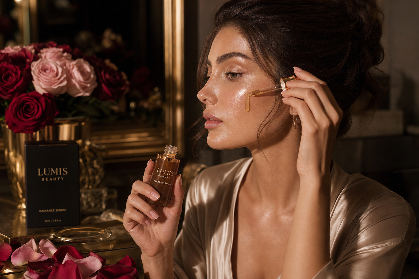 Lumis Beauty Lumis Radiance Serum bottle with a dropper, placed on a skincare setup with flowers and a towel in a bright setting.