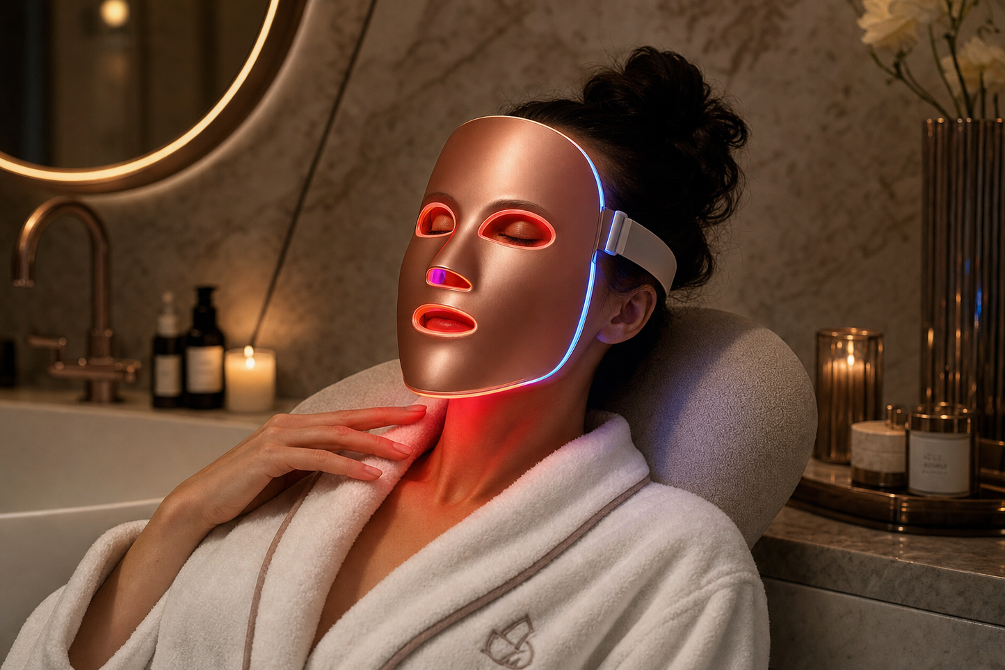 Lumis Glow Pro LED Therapy Mask worn on a woman's face, demonstrating its use for skincare LED treatment.