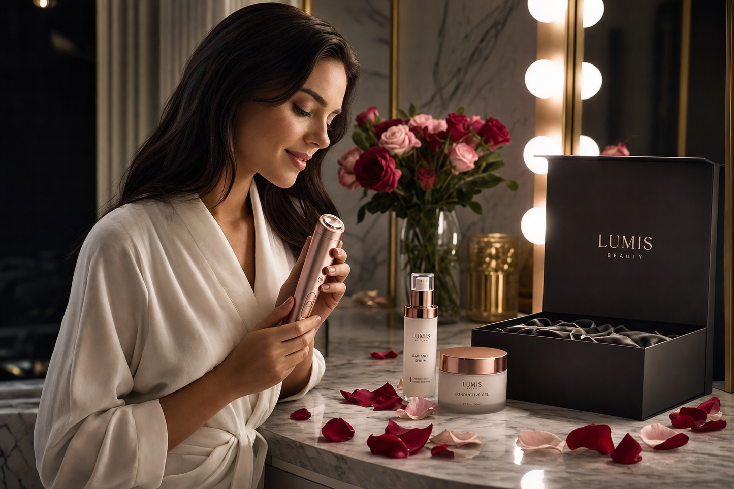 Lumis Beauty Lumis Starter Kit bundle with skincare products arranged on a bathroom countertop, showcasing a skincare routine setup.