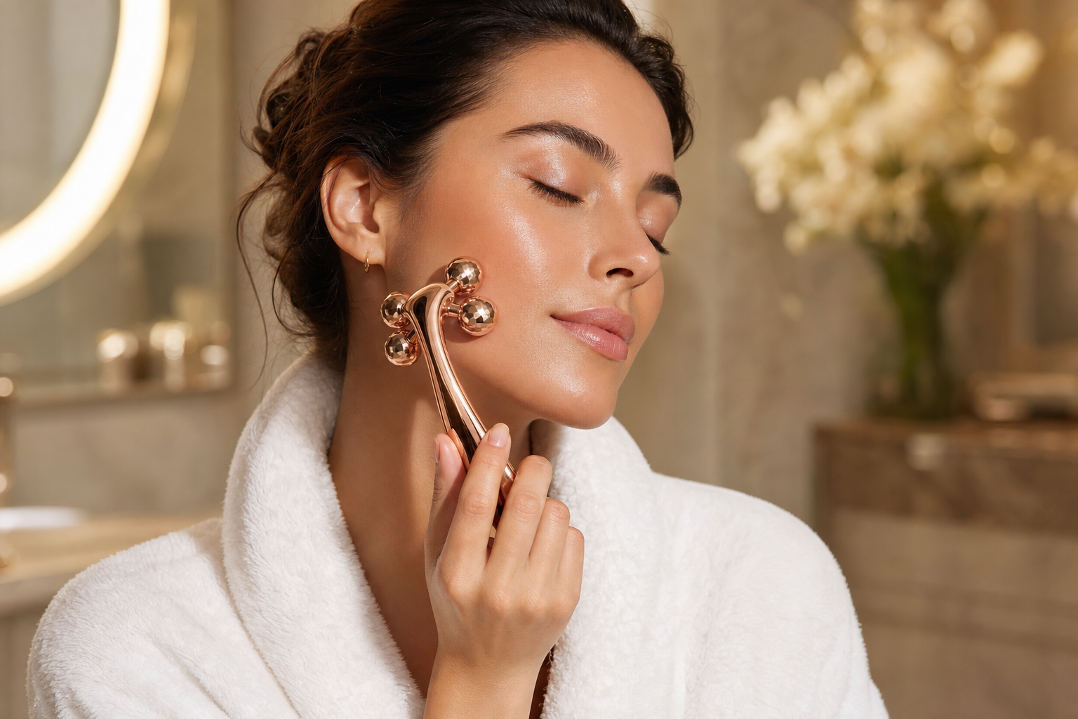 Lumis Glow Roller 4D microcurrent device from Lumis Beauty used on skin for facial contouring and lifting in a lifestyle setting.