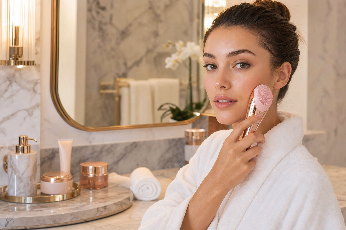 Lumis Sonic Cleanse accessory from Lumis Beauty, showing a sleek skincare device with a gentle cleansing head in a lifestyle setting.