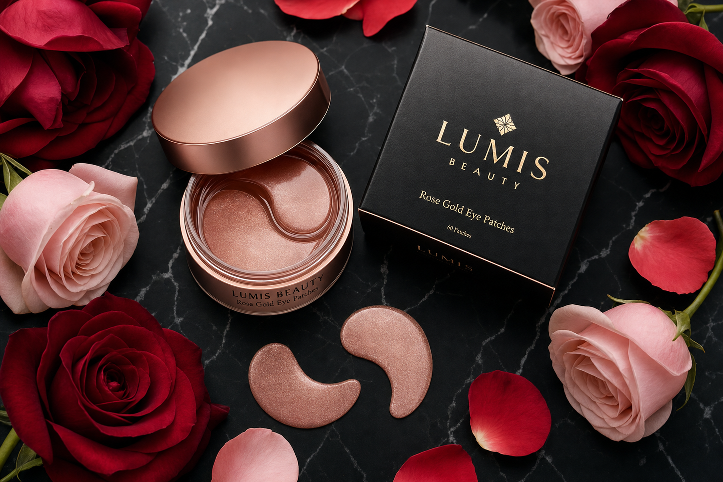Lumis Beauty Lumis Rose Gold Eye Patches accessory laid flat showing shiny rose gold design on a neutral background.