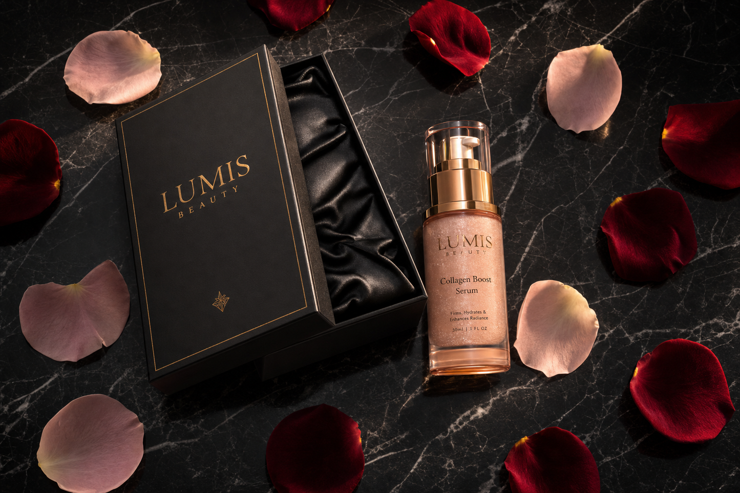 Lumis Collagen Boost Serum bottle from Lumis Beauty with dropper applicator on a white background.
