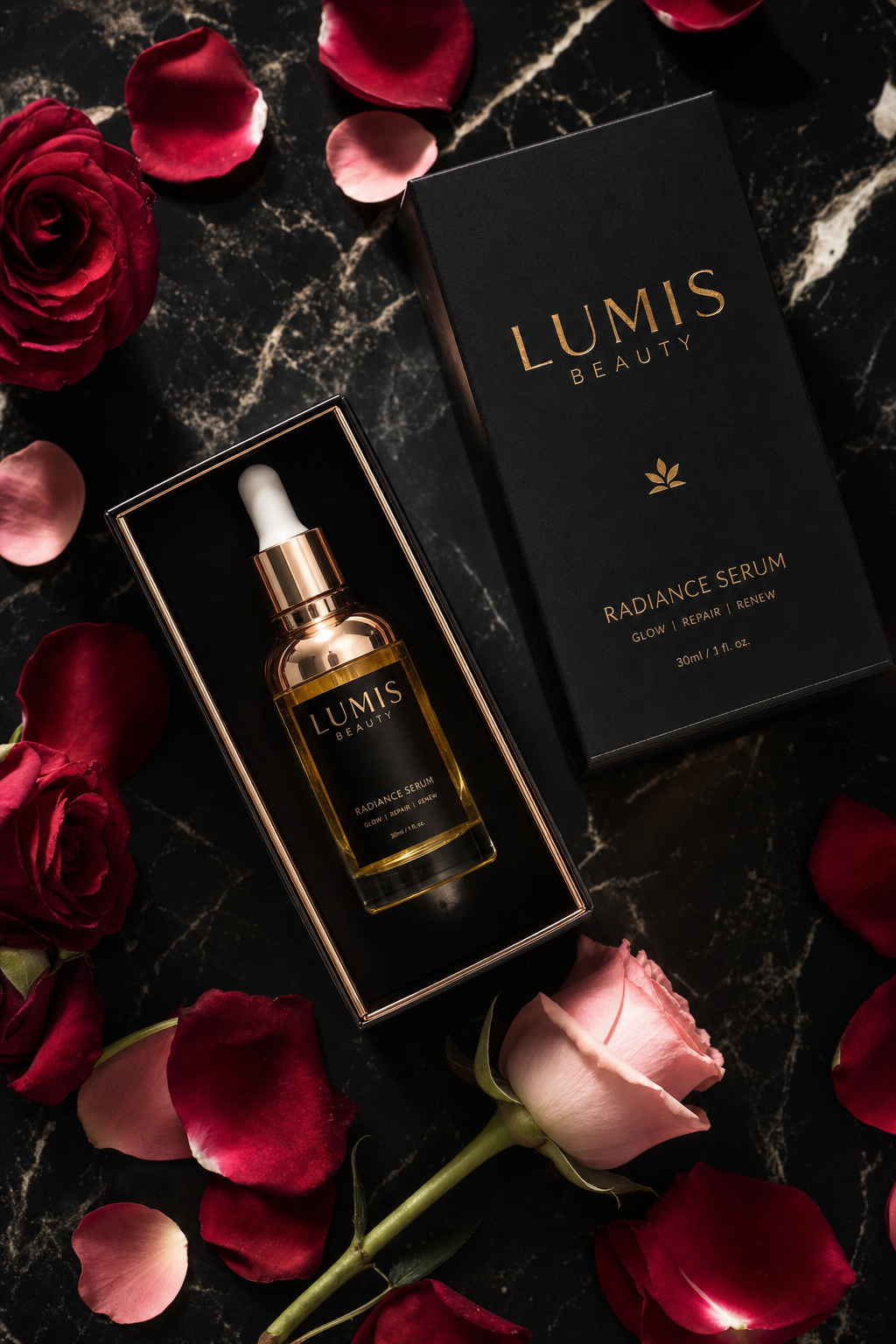 Lumis Radiance Serum by Lumis Beauty displayed in a flatlay with the serum bottle and skincare accessories.