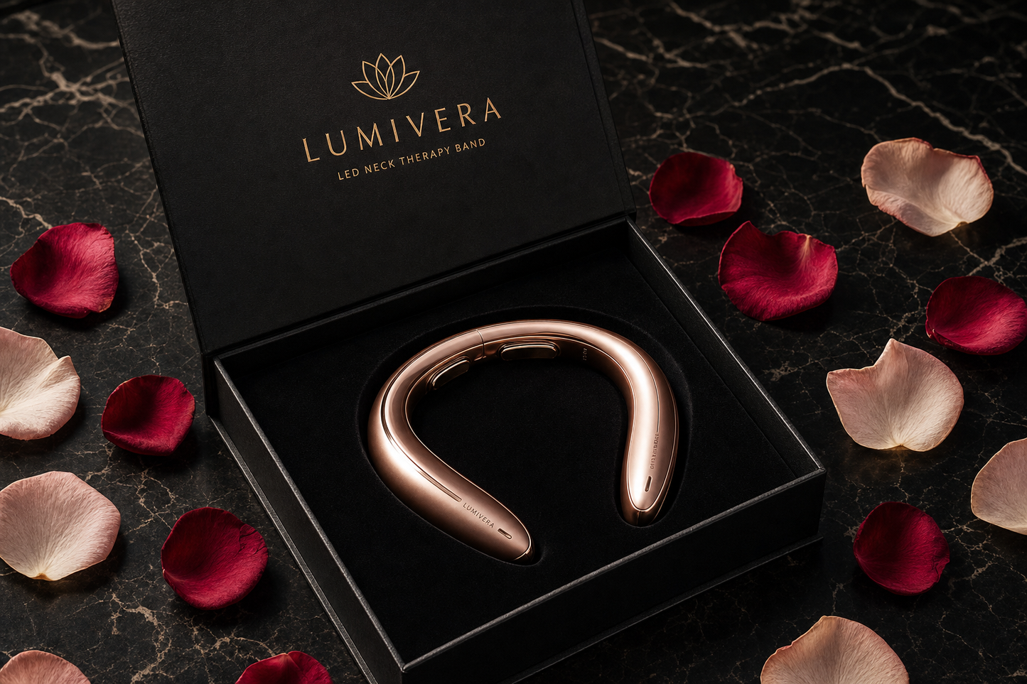 Lumis Neck Glow Band LED therapy mask packaging by Lumis Beauty with product details and branding.