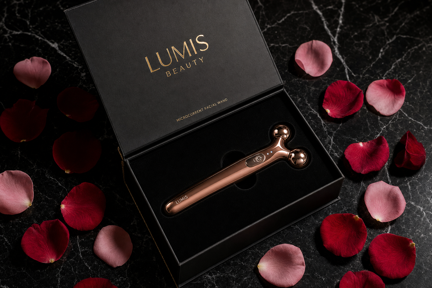 Lumis Lift EMS Wand microcurrent device packaging showing the Lumis Beauty branding and product details.