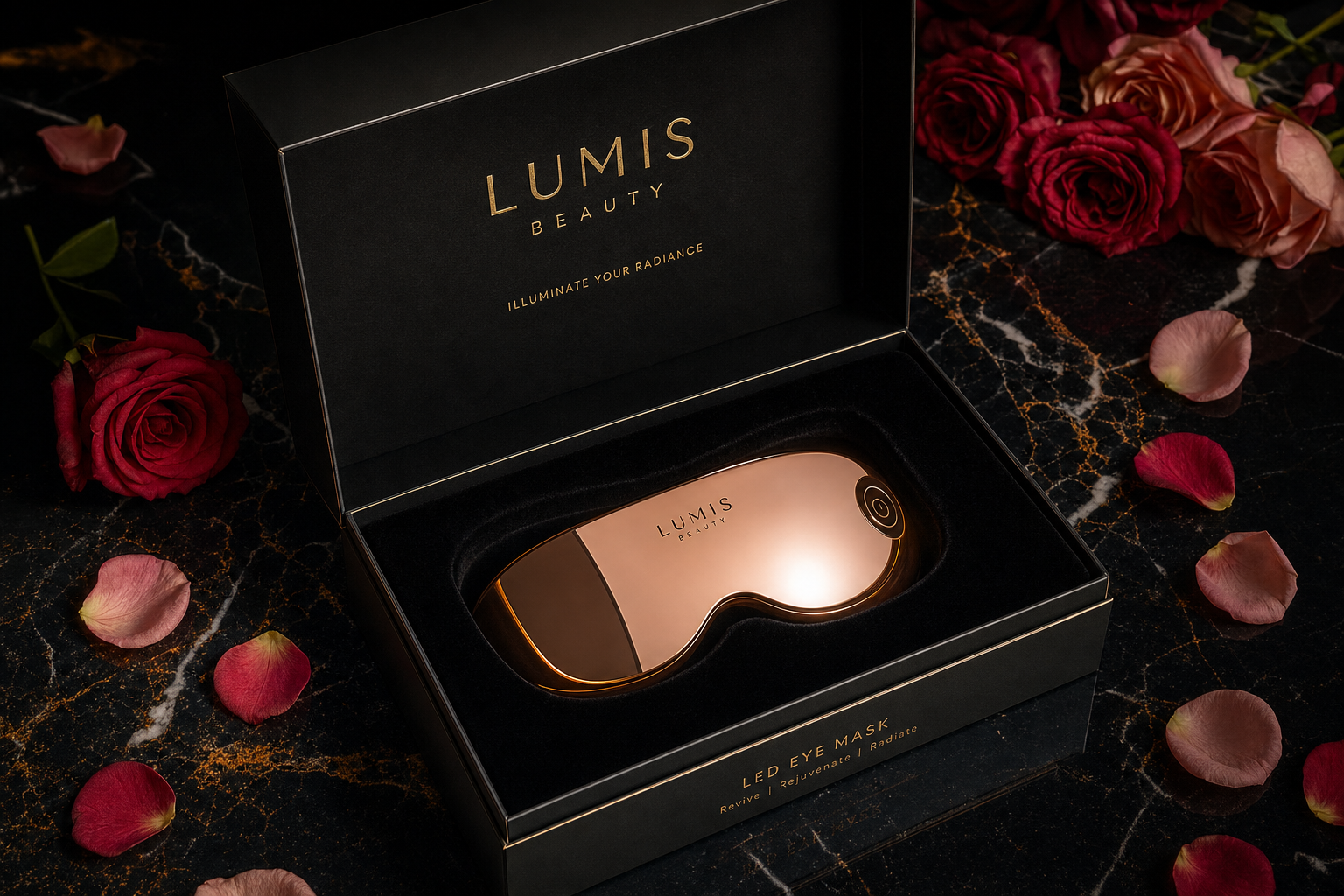 Lumis Eye Revive LED Therapy Mask packaging with product branding and branding details on the box.