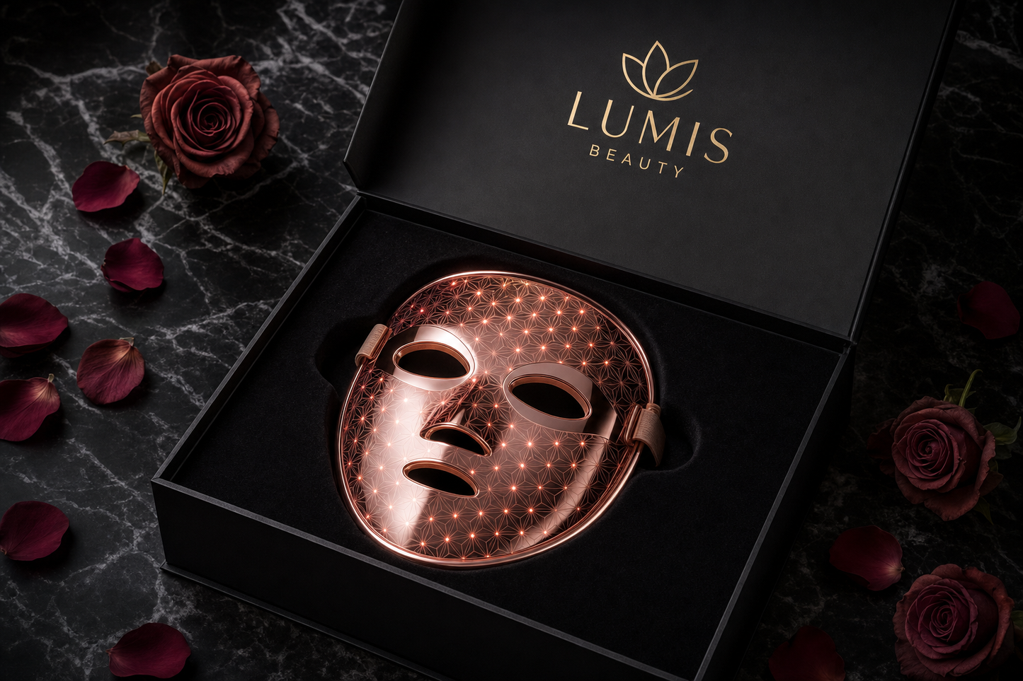 Lumis Glow Pro LED Therapy Mask packaging featuring the Lumis Beauty LED mask for skin treatment.
