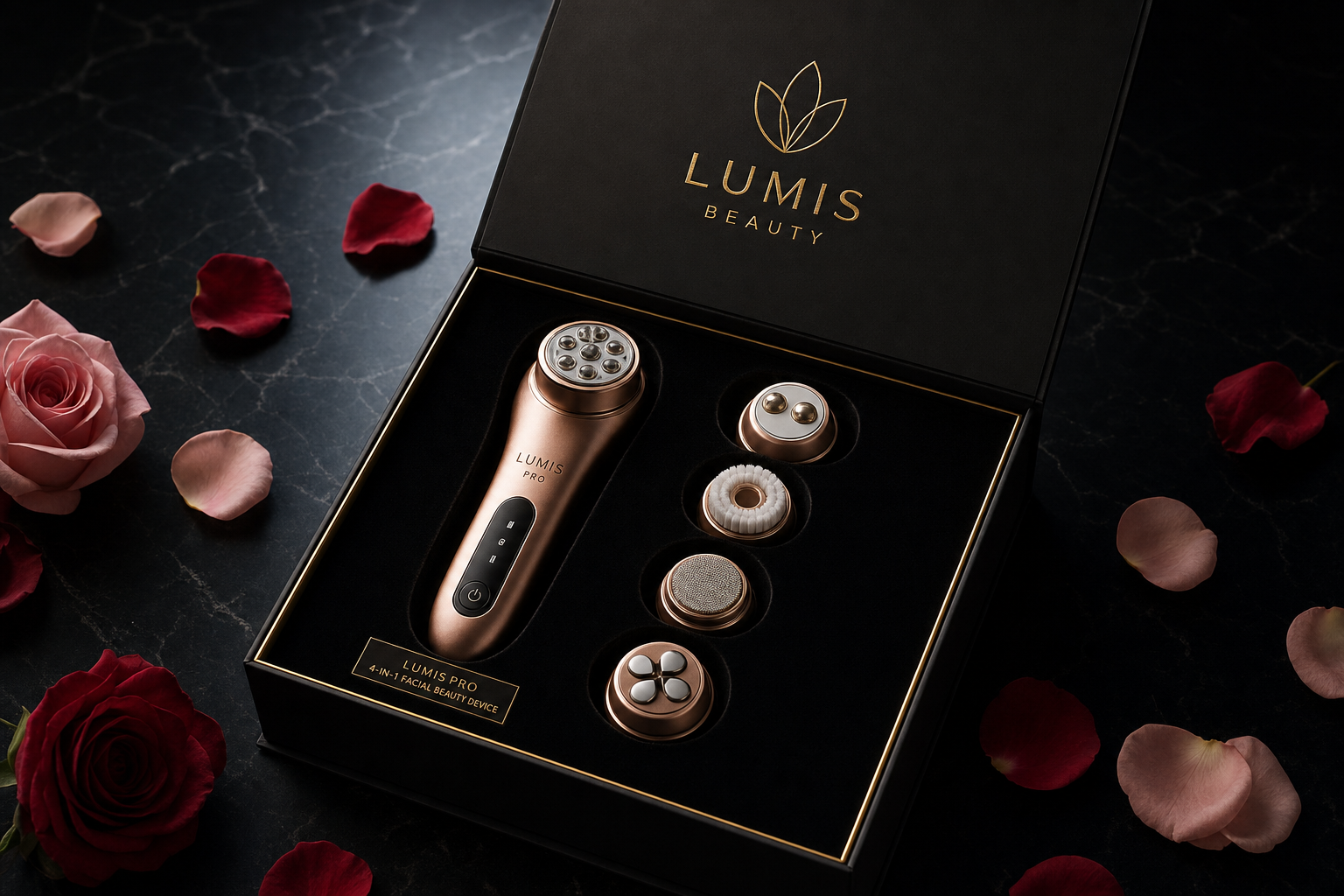 Lumis Pro 4-in-1 Microcurrent Device packaging from Lumis Beauty, featuring sleek design and product branding.
