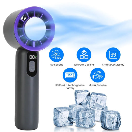 Lumis Beauty 100-Speed Rechargeable Handheld Fan with Ice Cooler, compact portable fan with adjustable speeds and cooling feature