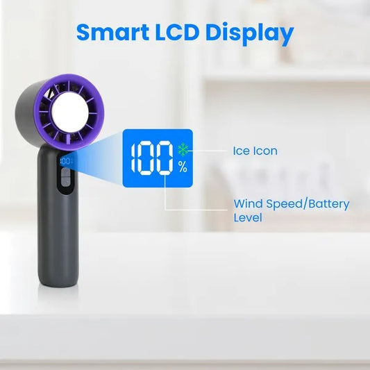 Lumis Beauty 100-speed rechargeable handheld fan with ice cooler, compact portable fan with adjustable settings and cooling features.