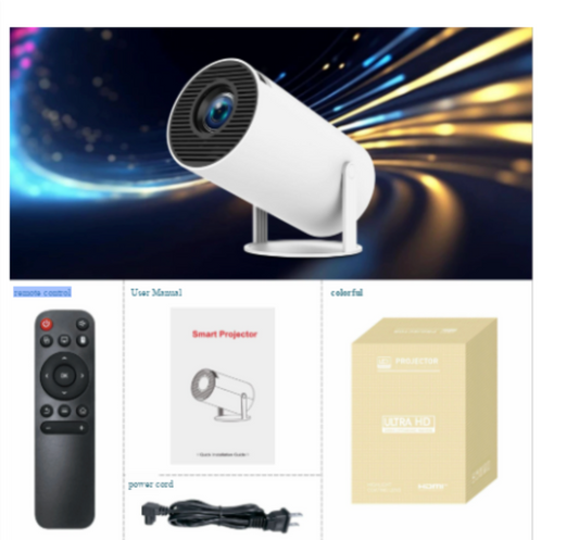 Lumis Beauty LED projector showing bright light projection on a wall, compact device with adjustable focus and modern design.
